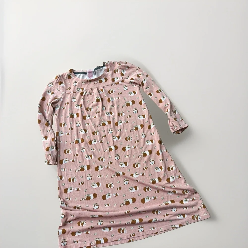 MiniBoden Girls' Knit Nightgown Size 7-8 Pink Guinea Pig Animal Long Sleeve